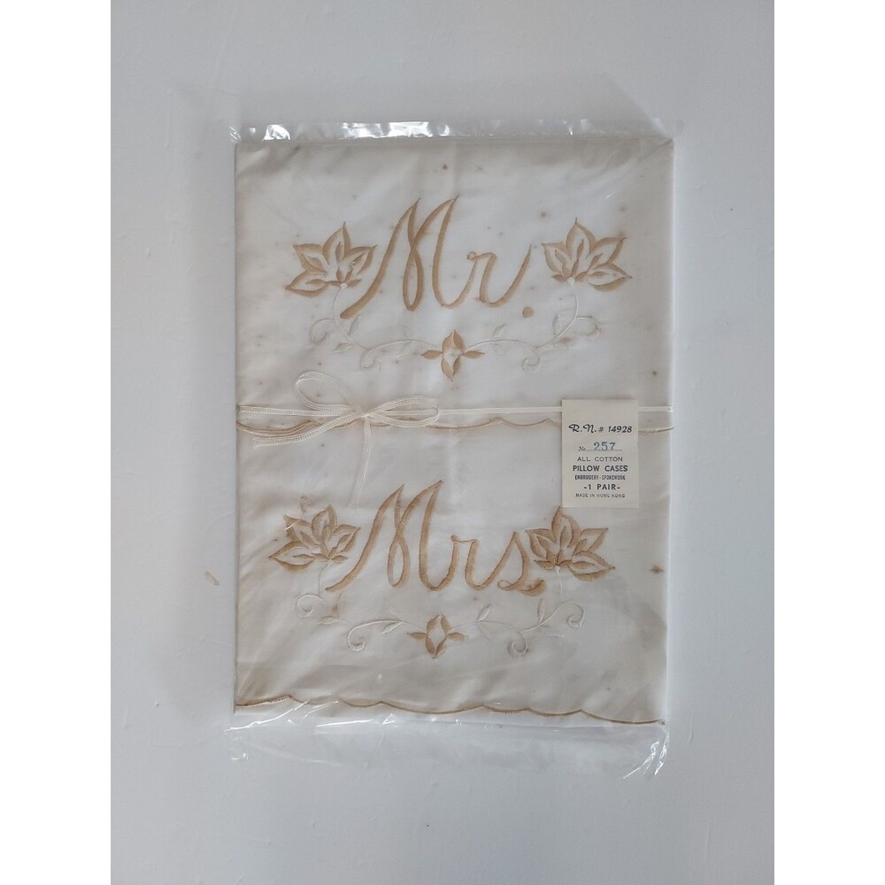 Vintage Mr & Mrs Pillow Cases With Gold Embroidery - All Cotton - Sealed